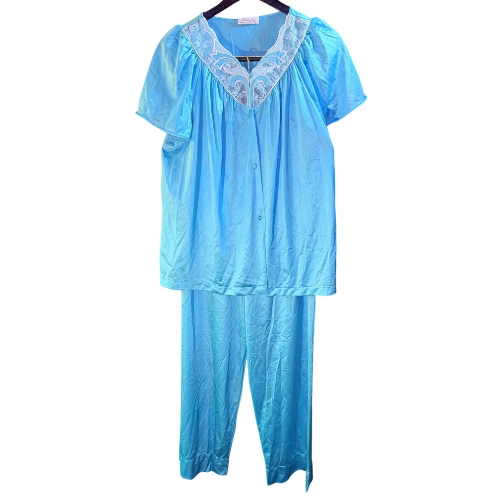 VTG Vanity Fair Turquoise Blue Lace Trim Pajama Set Womens L Old Hollywood